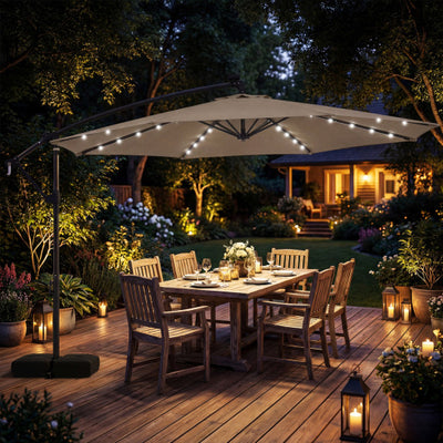 10 FT Solar LED Offset Cantilever Patio Umbrella Hanging Outdoor Market Umbrella-Brown