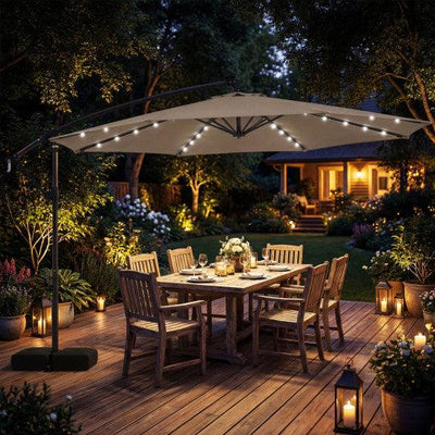 10 FT Solar LED Offset Cantilever Patio Umbrella Hanging Outdoor Market Umbrella-Brown