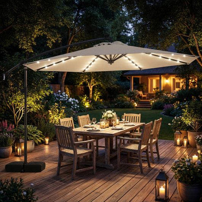 10 FT Solar LED Offset Cantilever Patio Umbrella Hanging Outdoor Market Umbrella-Beige