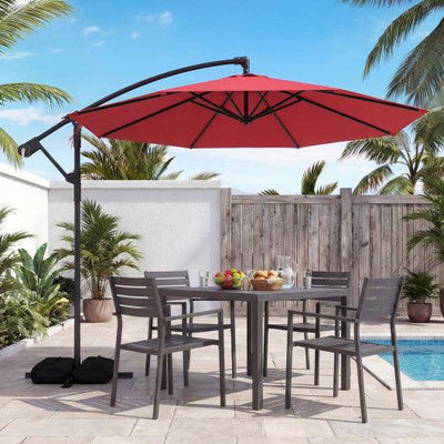 10 Feet Offset Hanging Umbrella with Base Patio Cantilever Umbrella with Tilt-Red