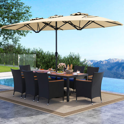 10 Piece Outdoor Patio Dining Set with 15 Feet Double-Sided Twin Umbrella-Beige