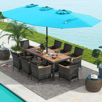 10 Pieces Patio Wicker Dining Set with 15 Feet Double-Sided Patio Umbrella-Turquoise