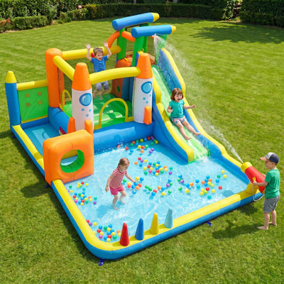 10-in-1 Inflatable Bounce House with Water Slide for Kids without Blower