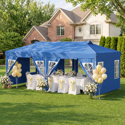 10 x 20 FT Pop Up Canopy Tent with 6 Sidewalls and Adjustable Height-Blue