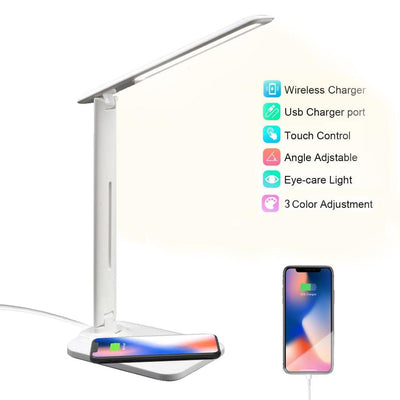 10W LED Desk Lamp with phone Wireless Charger, USB Charging Port, Dimmable Eye-Caring Office Lamp for Work, Folding Design Decorative Table Lamp Cute Study Lamps for Bedroom Décor