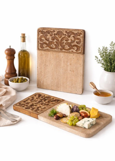 Acanthus Carved Wood and Marble Cutting Board - Natural