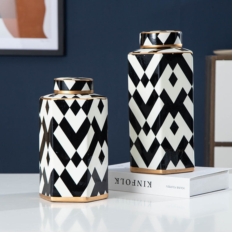 Geometric Black and White Striped Storage Jar Household Ceramic Candy Sealed Jar Vase Sundries Container Home Decoration