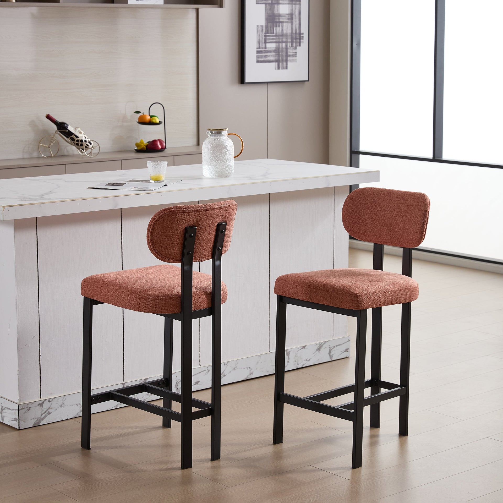 Bar Stools Set of 2, 26 inch Modern Upholstered Fabric Counter Height Barstools, Kitchen Island Chairs with Black Metal Legs for Dining Room/Kitchen Island/Bar