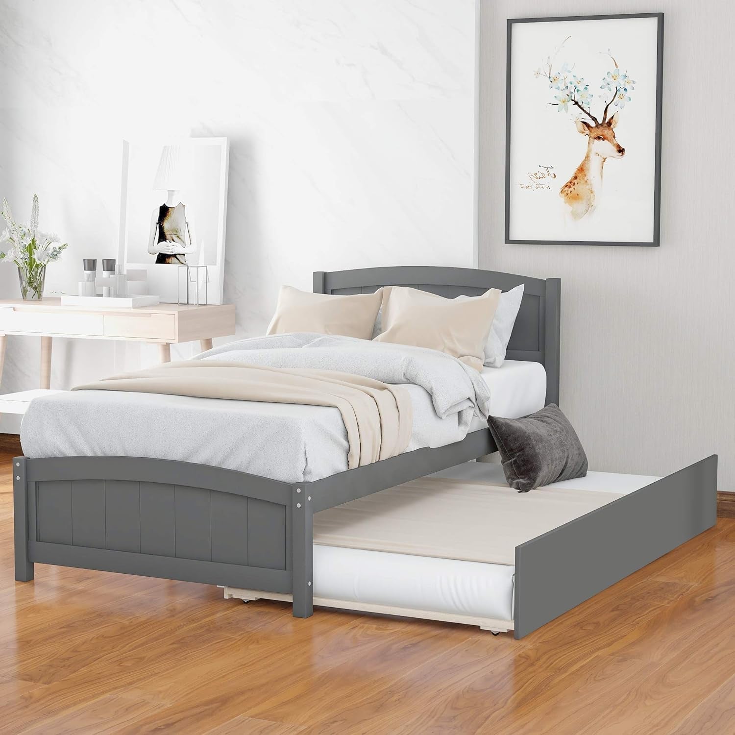 Twin Bed Frame, Wood Platform Bed with Trundle, Headboard, Footboard and Wood Slat Support, Grey