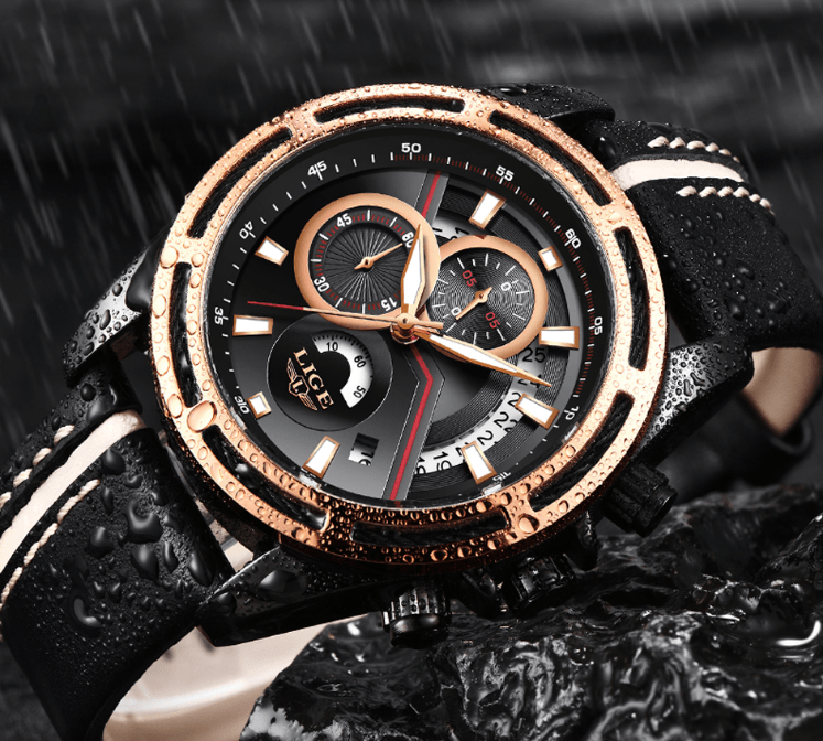 Men's Waterproof Sports Watch With Leather Belts, Chronometers Day View Fluorescent Pointers Unique Design Perfect Gift