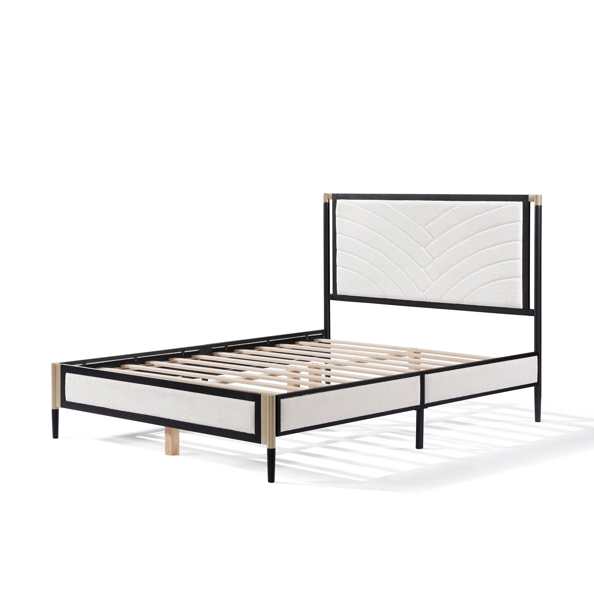 Queen Bed with White Boucle fabric Headboard,Champagne Silver+Black Frame