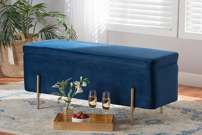 Baxton Studio Rockwell Contemporary Glam and Luxe Navy Blue Velvet Fabric Upholstered and Gold Finished Metal Storage Bench
