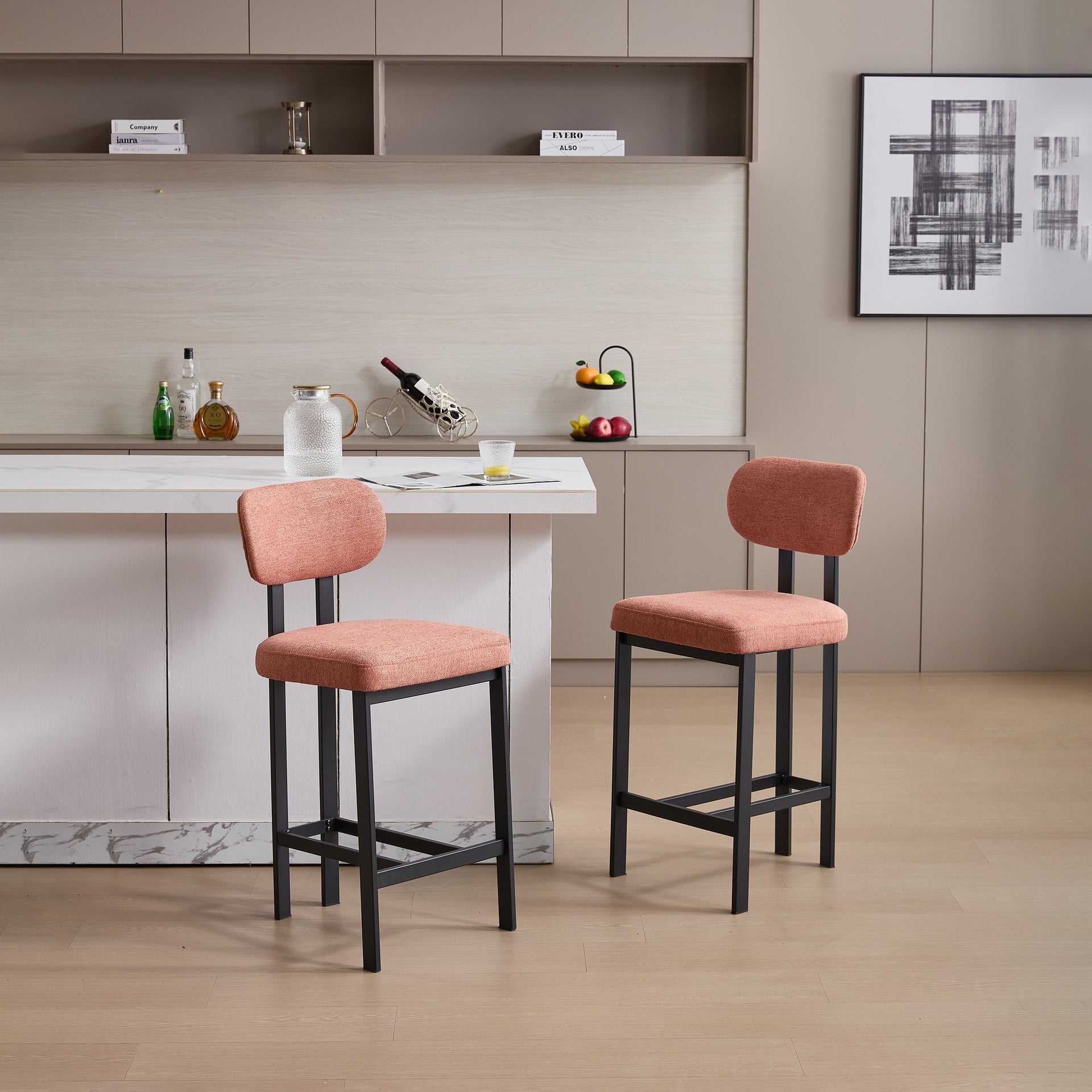 Bar Stools Set of 2, 26 inch Modern Upholstered Fabric Counter Height Barstools, Kitchen Island Chairs with Black Metal Legs for Dining Room/Kitchen Island/Bar
