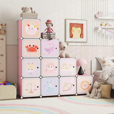 12 Cube Kids Wardrobe Closet with Hanging Section and Doors-White and Pink