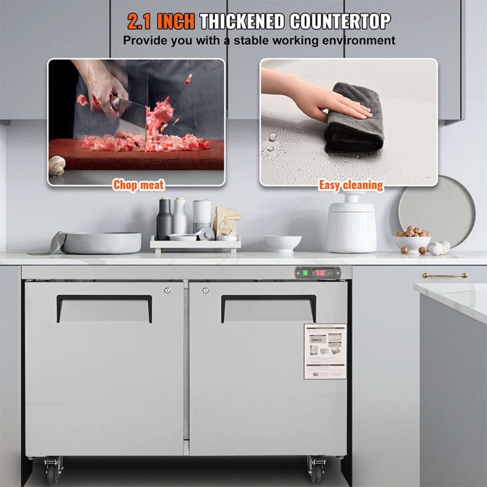 12.9 Cu.Ft 2-Door Commercial Stainless Steel Worktop Undercounter Refrigerator, 48