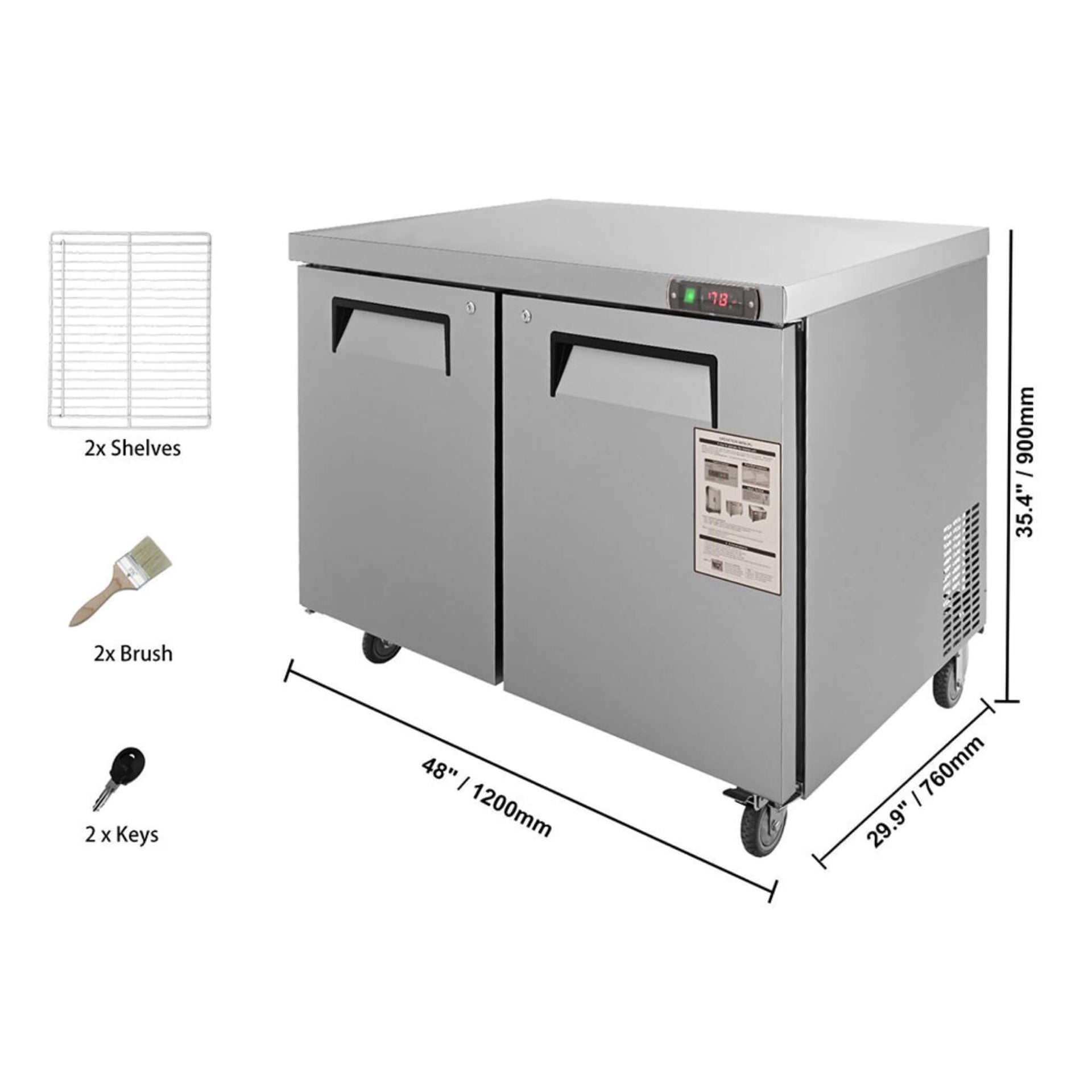 12.9 Cu.Ft 2-Door Commercial Stainless Steel Worktop Undercounter Refrigerator, 48