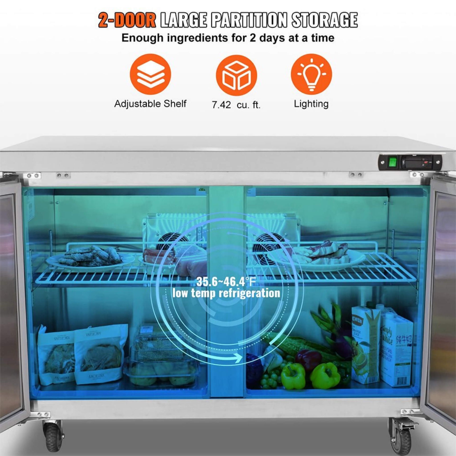 12.9 Cu.Ft 2-Door Commercial Stainless Steel Worktop Undercounter Refrigerator, 48