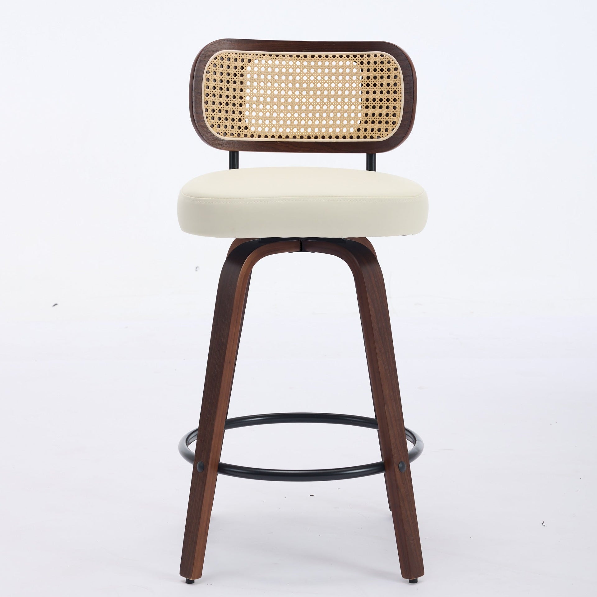 Set of 3 Counter Height Bar Stools - 26 inch Rattan Counter Height Stools with Cane Back, Upholstered Seat, Walnut Craftsmanship, Swivel Counter Stools for Island/Kitchen/Counter/Bar (Walnut /Beige)