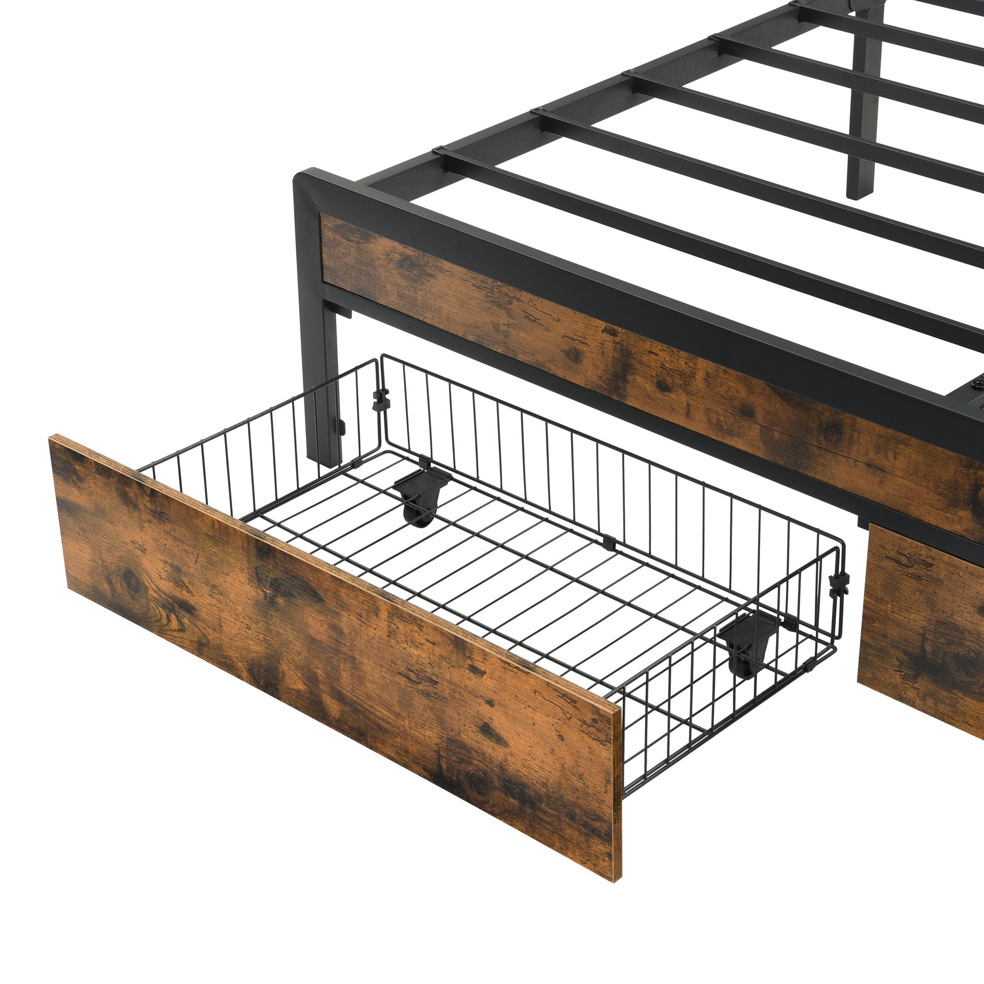 Modern Full Bed Frame with LED Lights, Upholstered Headboard, Storage Drawers, USB Charging, Grey MDF & Iron