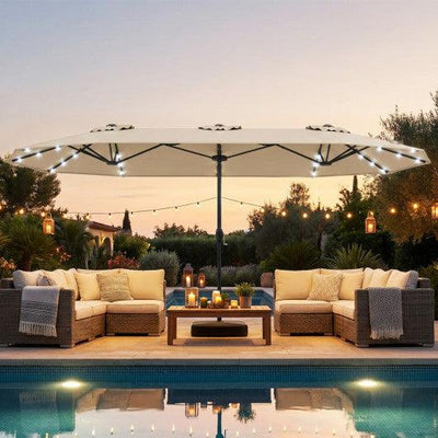 13FT Double-sided Patio Umbrella with Solar Lights for Garden Pool Backyard-Beige