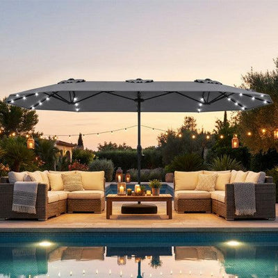13FT Double-sided Patio Umbrella with Solar Lights for Garden Pool Backyard-Gray