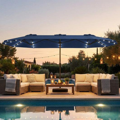 13FT Double-sided Patio Umbrella with Solar Lights for Garden Pool Backyard-Navy