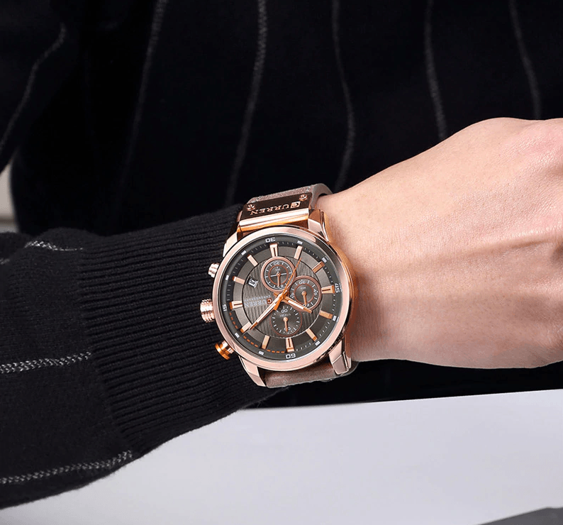 Men's Waterproof Elegant Sport Watch With Chronometers Day View, Leather Belts And Hardlex Scratch Resistant Glass Perfect Gift For Him