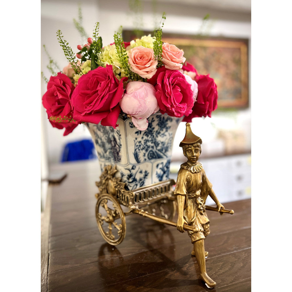 Blue Vine Rickshaw Basin/Planter with Bronze Man