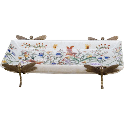 PORCELAIN TRAY WITH BRONZE TIGER LILY DRAGONFLY-GLORIA