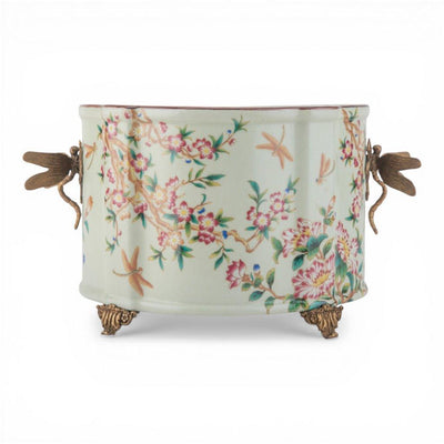 Porcelain Oval Planter with Ormolu Dragonfly Handles - Floral Vine
