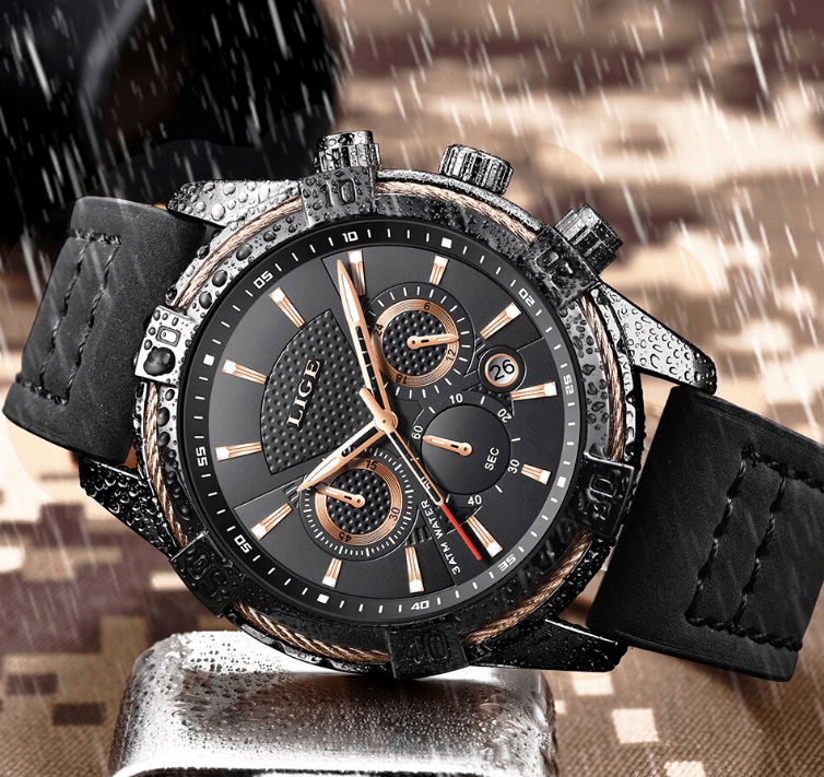 Men's Waterproof Watch With Chronometers Date Display Gold Detail Excellent Background Perfect Gift