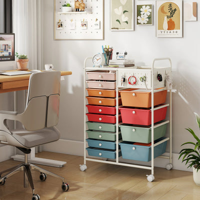 14-Drawer Rolling Storage Cart with Metal Tabletop and Pegboard-Macaron