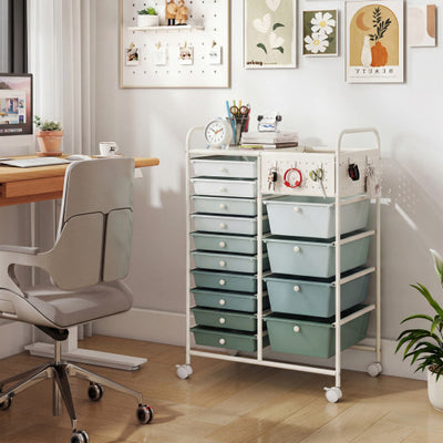 14-Drawer Rolling Storage Cart with Metal Tabletop and Pegboard-Gradient Green