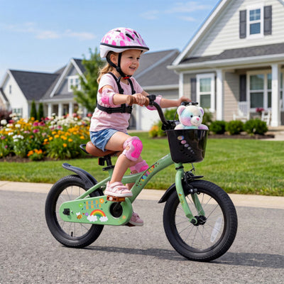 14 Inch Girls Bike for 3-5 Years Old with Basket - Spring Party Green