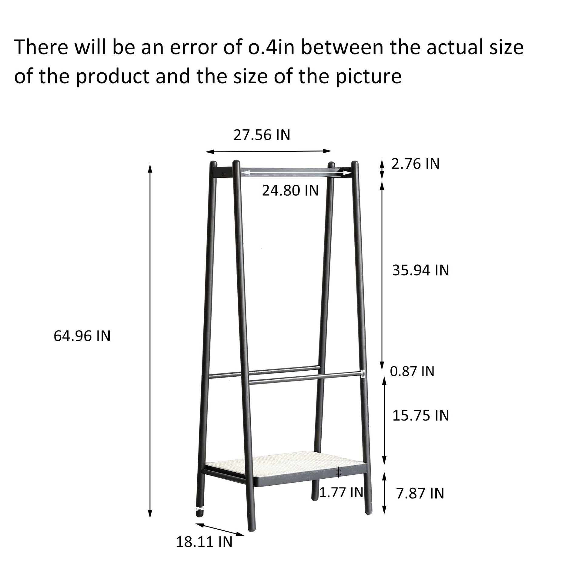(Black) Solid Oak Wood Clothes Rack, Black Rattan Hanger Rack-clothes Rack with Shelves, Cloth Hanger Standing Garment Racks for Hanging Clothes