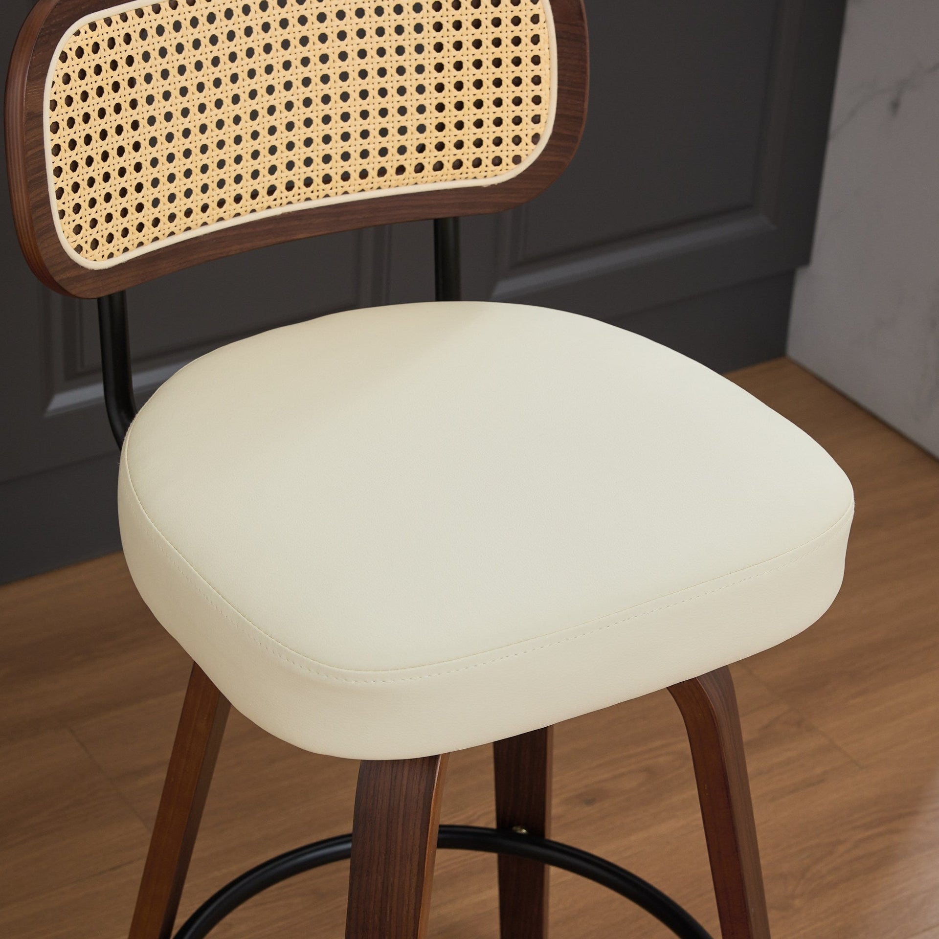 Set of 3 Counter Height Bar Stools - 26 inch Rattan Counter Height Stools with Cane Back, Upholstered Seat, Walnut Craftsmanship, Swivel Counter Stools for Island/Kitchen/Counter/Bar (Walnut /Beige)