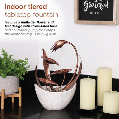 15 in. H Indoor Multi-Tier Metal Floral Leaf Tabletop Fountain with Stone-Filled Base