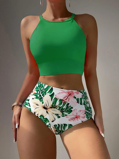 Island Bloom High Waist Bikini Set for Summer – Colorblock Tropical Print Two-Piece Swimsuit with Round Neckline Ultra-Stretch Fit & Applique Detail – Stylish and Comfortable Women’s Swimwear for Pool Beach & Summer Escapes