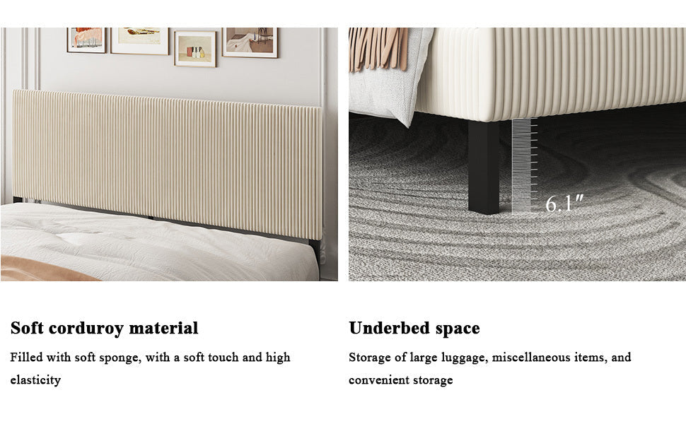 King bed frame with a bandaged headboard is stable and easy to assemble, and the style is simple and elegant,beige