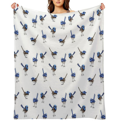 Blue Wrens, Scattered on White Throw Blanket