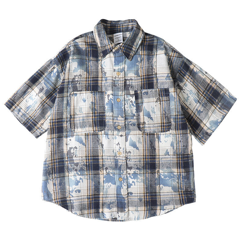 Tie dye printed plaid wide cut shirt