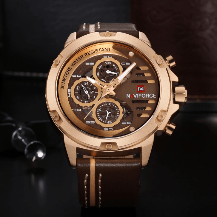 Men's Sports Waterproof Watch With Chronometers And Leather Belt Multifunction Wristwatch Unique Design Perfect Gift