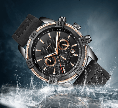 Men's Waterproof Watch With Chronometers Date Display Gold Detail Excellent Background Perfect Gift