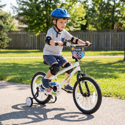 16 Inch Kids Bike with Training Wheels for Ages 4-7 Years Old White- Street Art Time