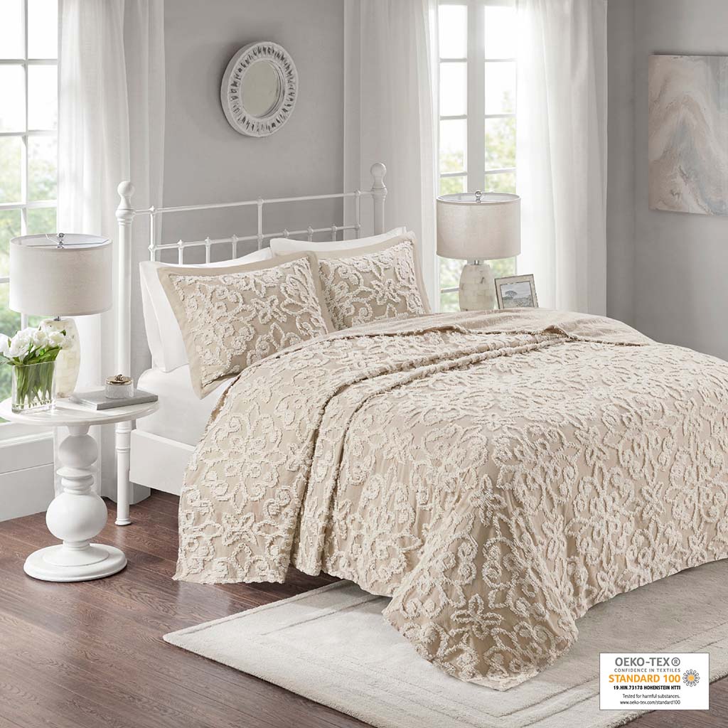 Sabrina 3 Piece Tufted Cotton Chenille Bedspread Set - Taupe