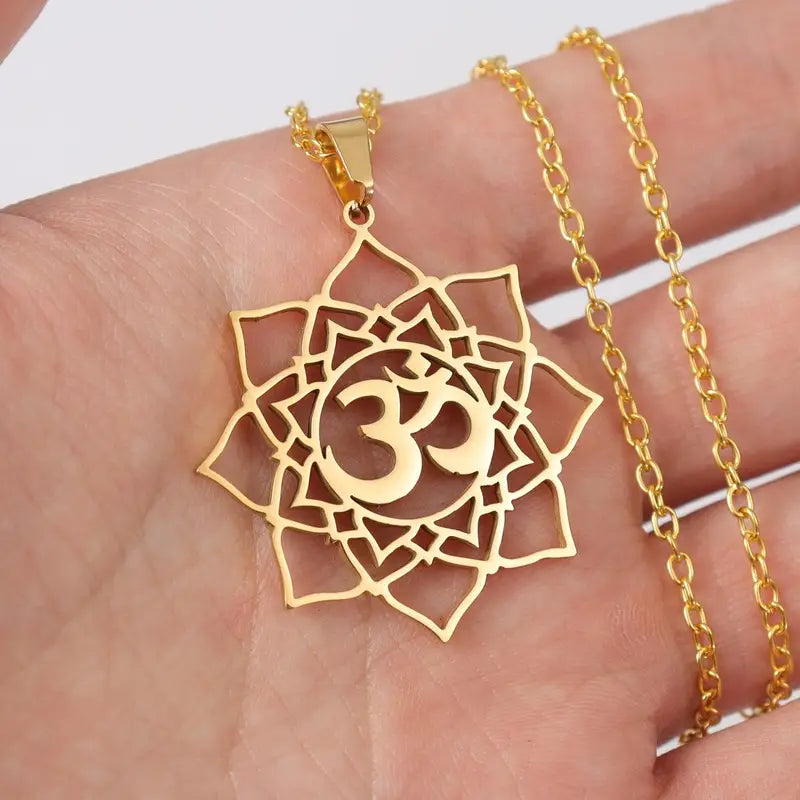1pc Exquisite Stainless Steel Om Yoga Symbol Lotus Shape Pendant Necklace - Fashionable Jewelry Gift for Men and Women