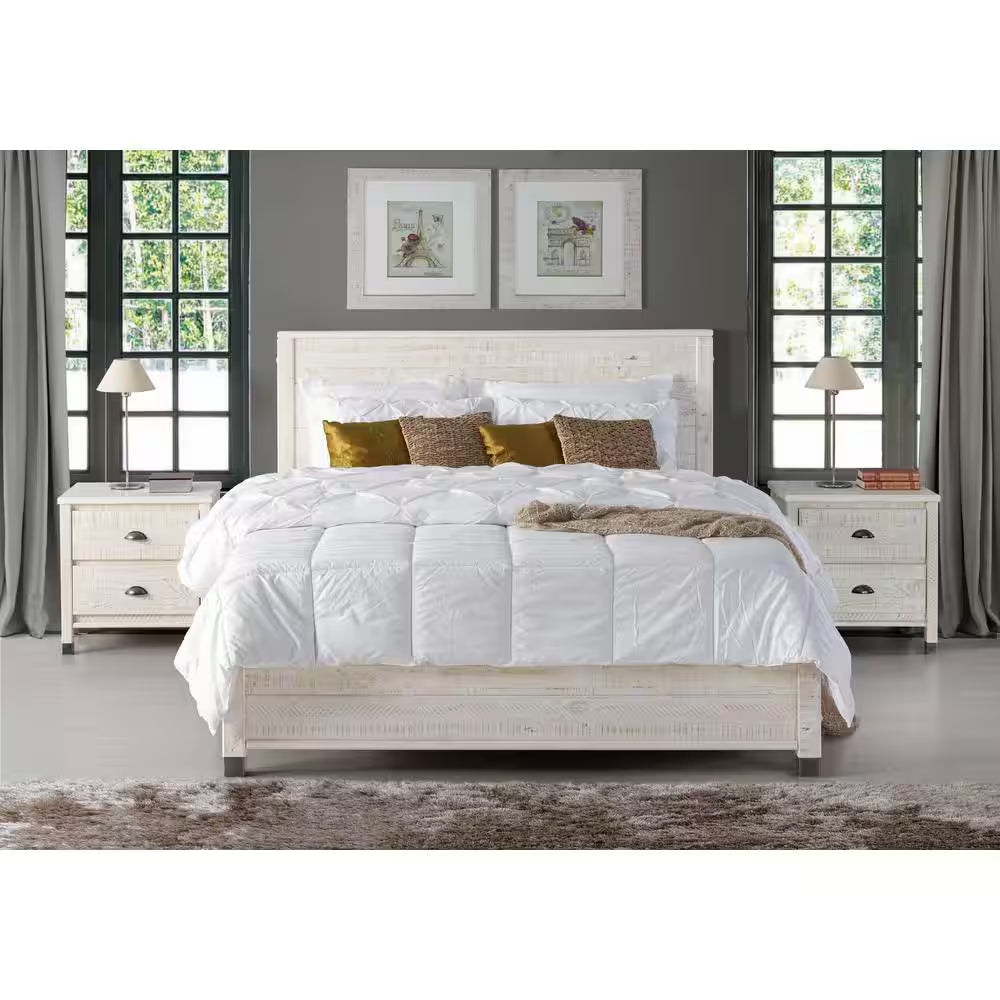 Baja Shabby White, Full Size, Panel Headboard, Platform Bed