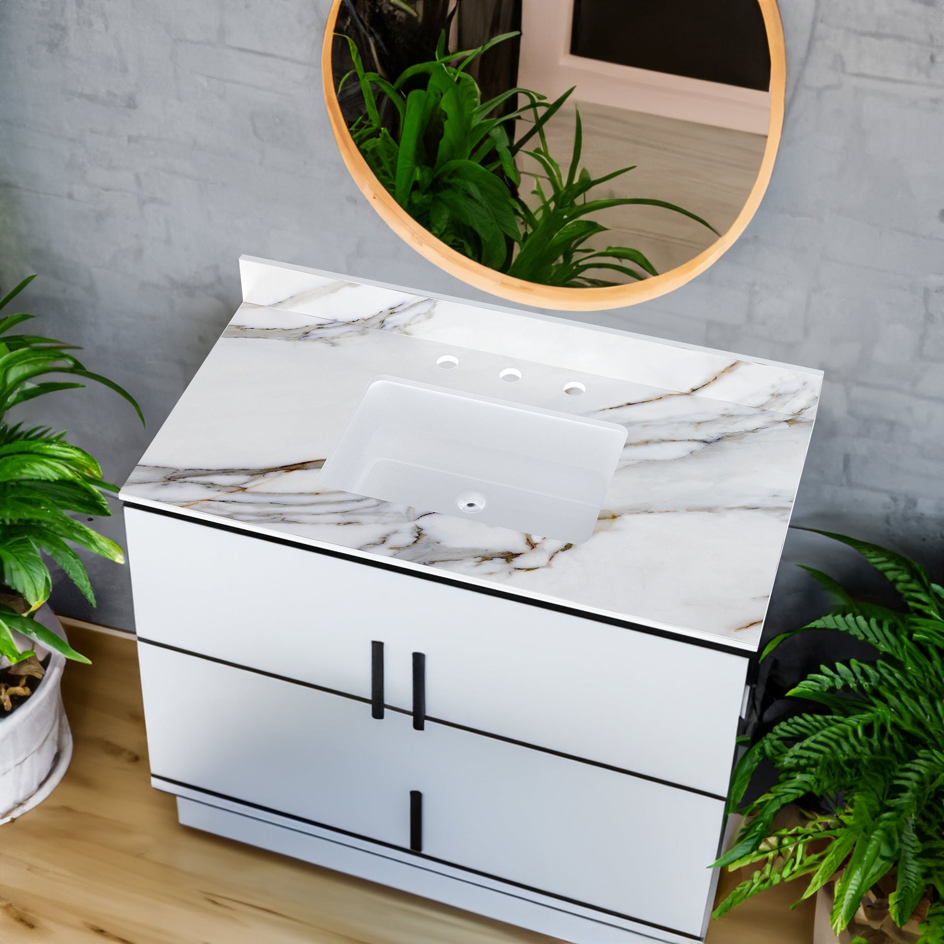 43 inch marble countertop with base rectangular central sink and 4-inch high splash guard, pre drilled 8-inch faucet hole ,white