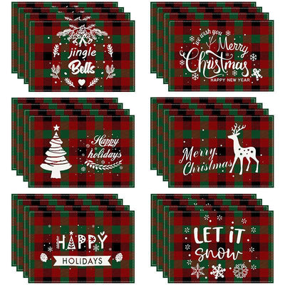Christmas Tree Elk Printed Meal Mat Christmas Striped Checkered Table Mat White Hemp Western Food Mat