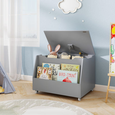 Wooden Mobile Toy Storage Organizer with Bookshelf and Lockable Wheels-Gray